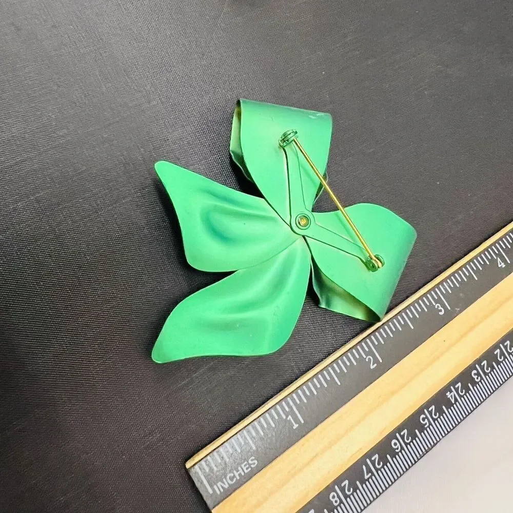 Vintage Green Metalic Satin Bow Ribbon Brooch Crystal Accent Large Matte 1045